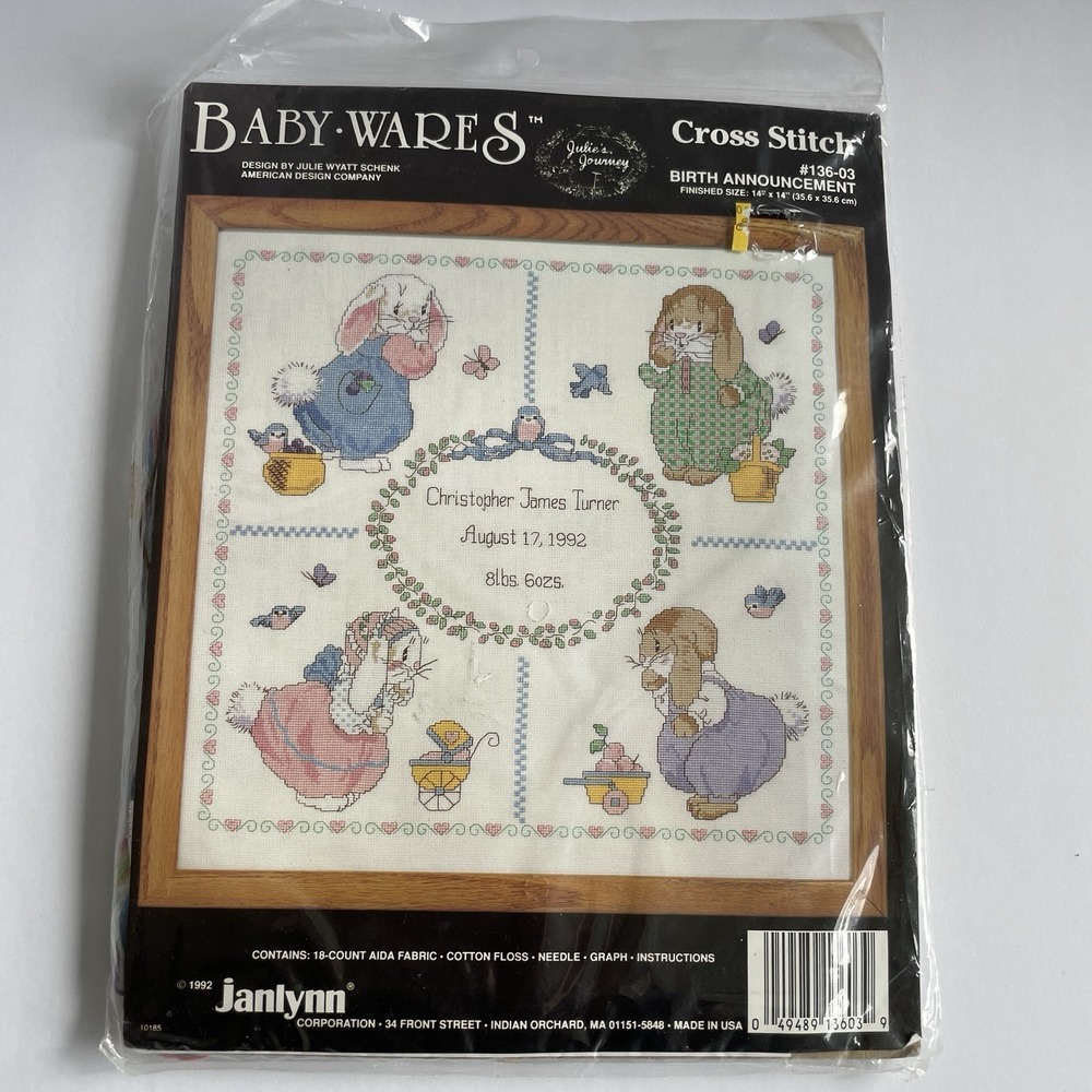 Janlynn 1992 Baby Wares Birth Announcement Cross Stitch Kit #136-03 14"x 14" New